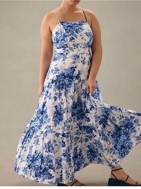Anthropologie Maeve Blue Floral Spaghetti-Strap Maxi Dress